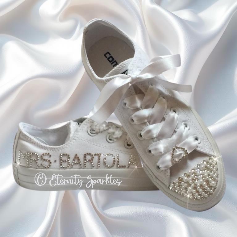 Custom Converse Mono White Personalised Luxury Pearl & Crystal Sparkle Bridal Trainers Sneakers