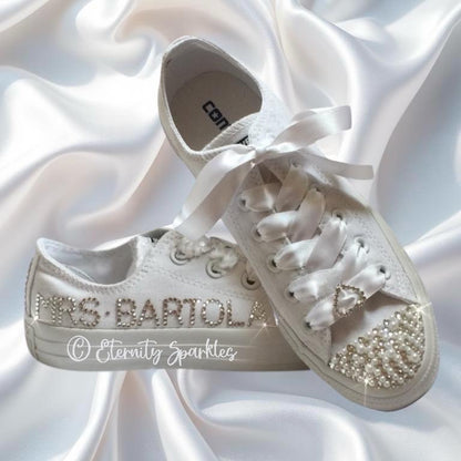 Custom Converse Mono White Personalised Luxury Pearl & Crystal Sparkle Bridal Trainers Sneakers