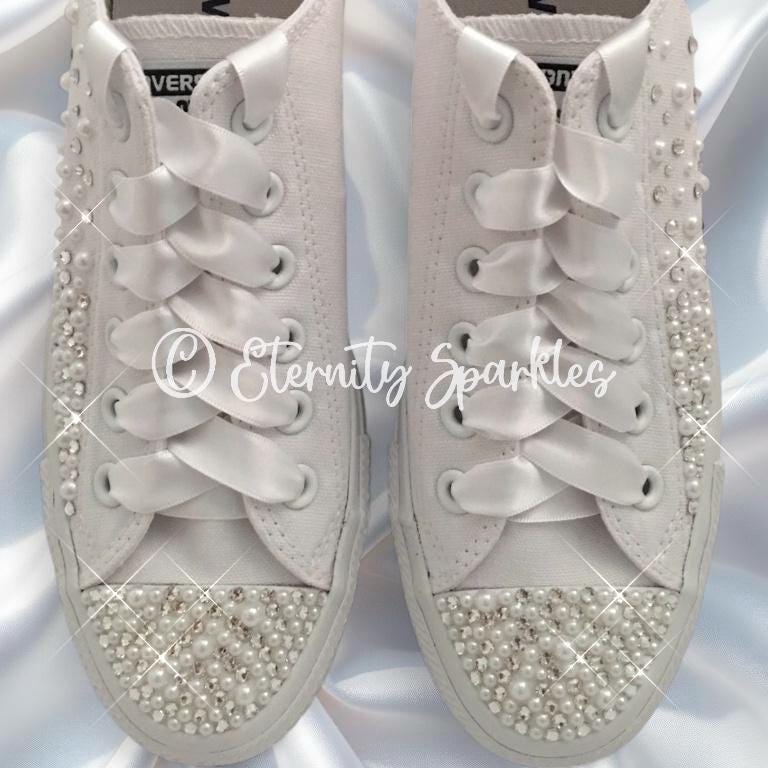 Custom Converse Mono White Luxury Pearl & Crystal Starburst Sparkle Bridal Trainers