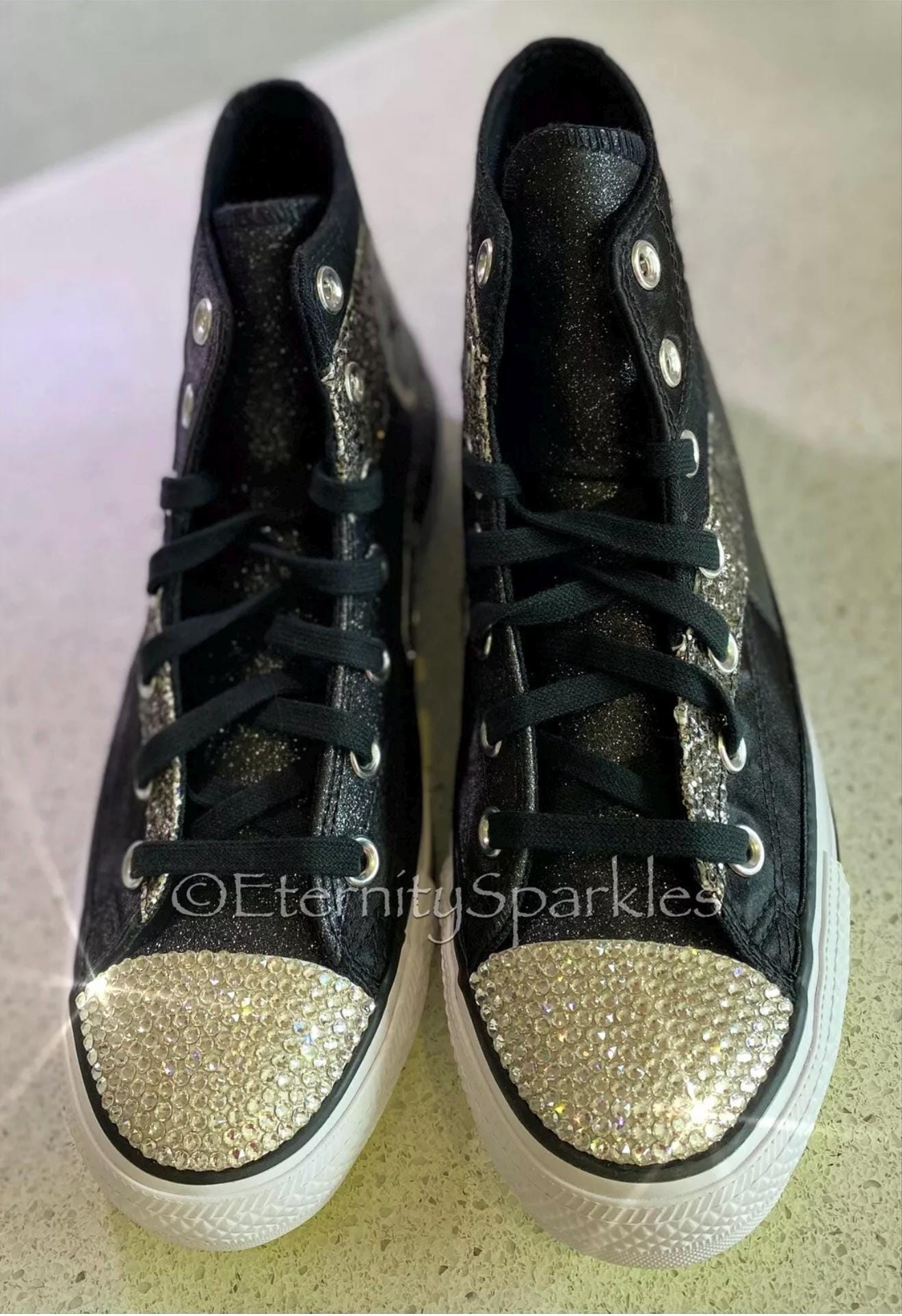 Custom Converse Black Glitter Luxury Crystal Sparkle Hi Top Trainers