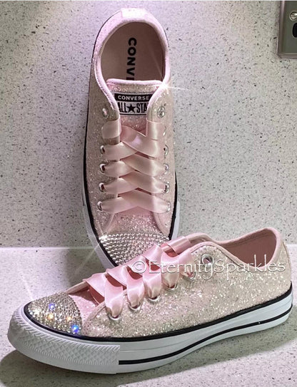Custom Converse Pale Pink Glitter Luxury Crystal Sparkle Trainers
