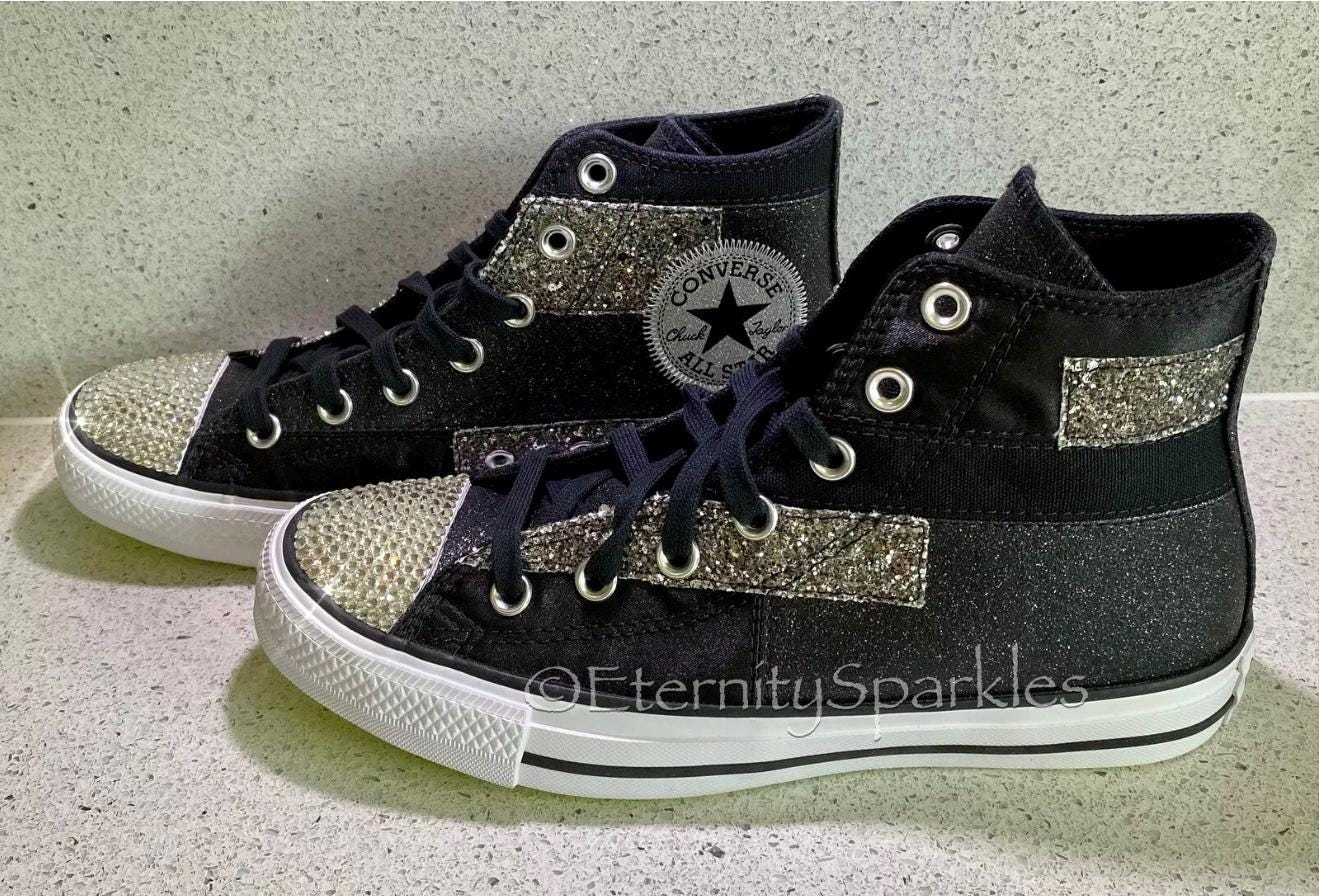Custom Converse Black Glitter Luxury Crystal Sparkle Hi Top Trainers