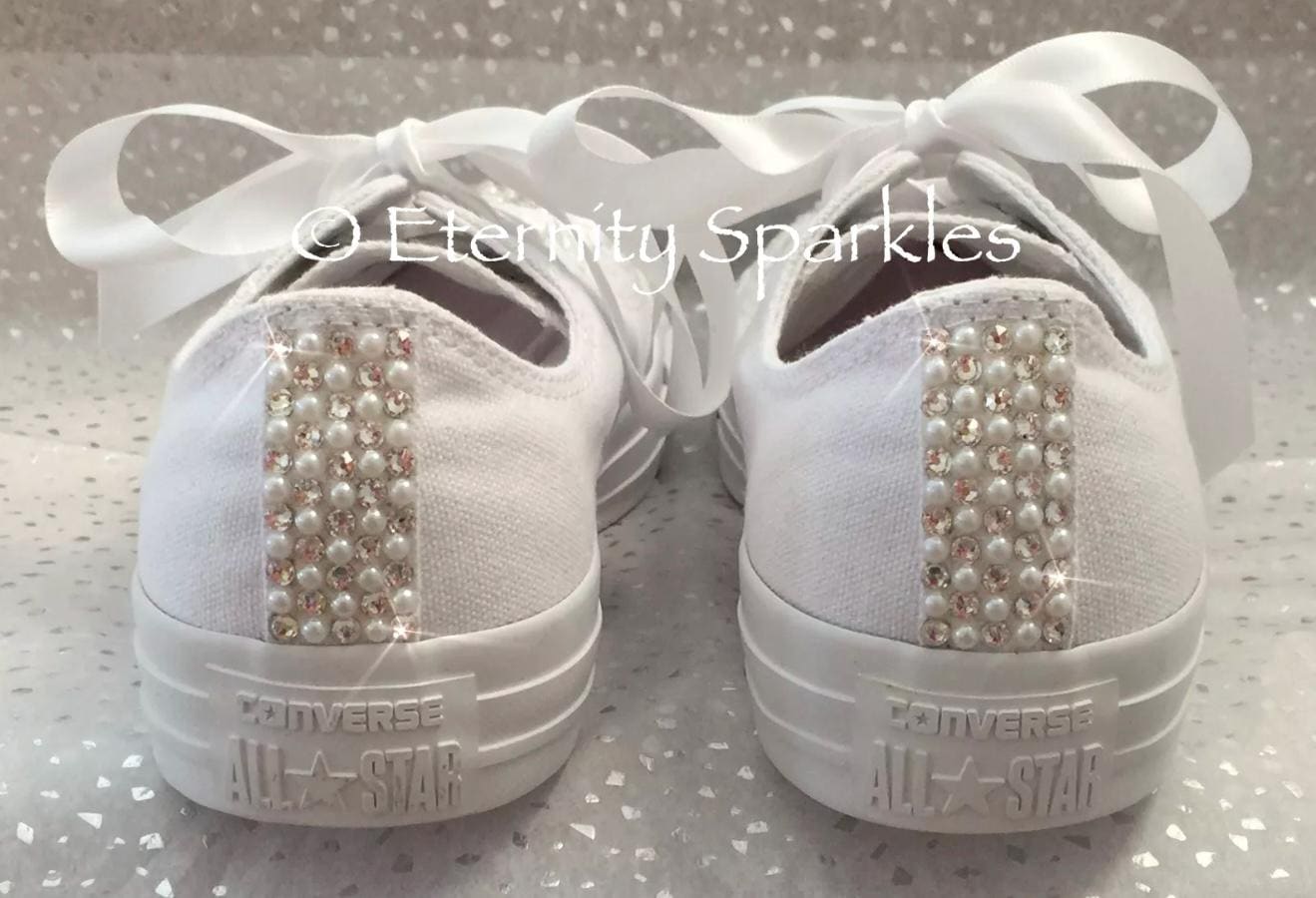 Custom Converse Mono White Personalised Luxury Pearl & Crystal Sparkle Bridal Trainers Sneakers
