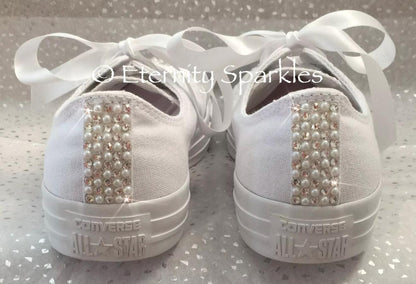 Custom Converse Mono White Personalised Luxury Pearl & Crystal Sparkle Bridal Trainers Sneakers