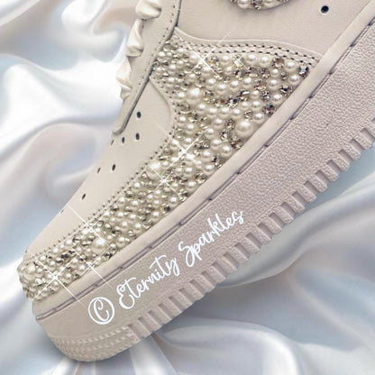 Custom Nike Air Force 1 AF1 White Personalised Luxury Pearl & Crystal Sparkle Bridal Trainers