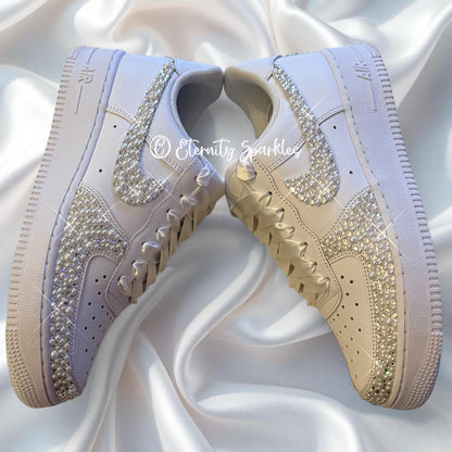 Custom Nike Air Force 1 AF1 White Personalised Luxury Pearl & Crystal Sparkle Bridal Trainers
