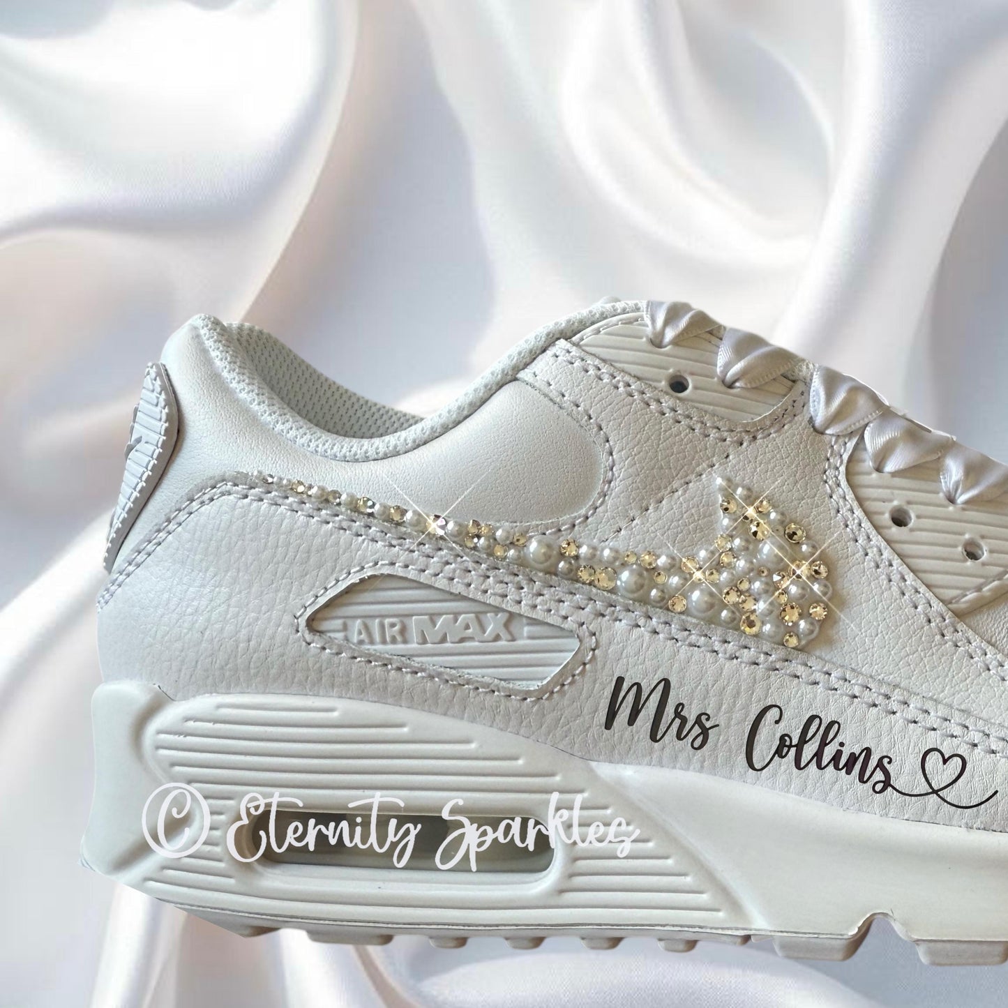 Custom Nike Air Max 90 White Personalised Luxury Pearl & Crystal Sparkle Bridal Trainers