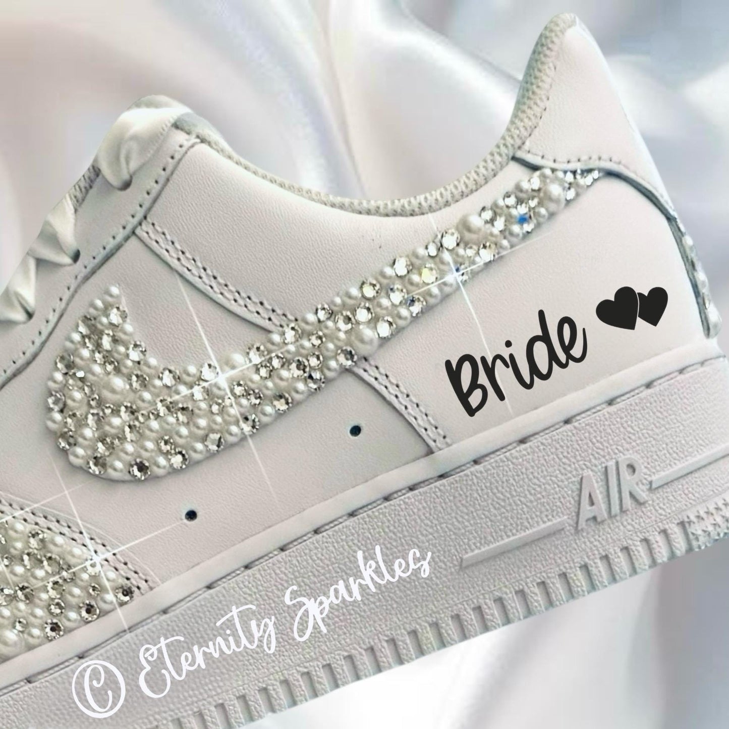 Custom Nike Air Force 1 AF1 White Personalised Luxury Pearl & Crystal Sparkle Bridal Trainers