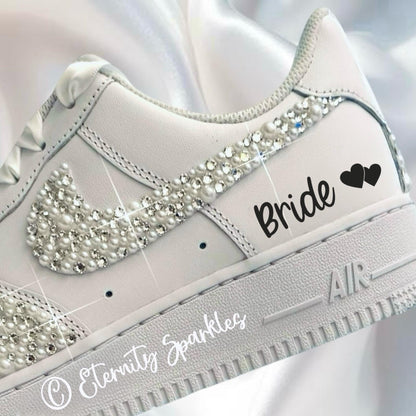 Custom Nike Air Force 1 AF1 White Personalised Luxury Pearl & Crystal Sparkle Bridal Trainers