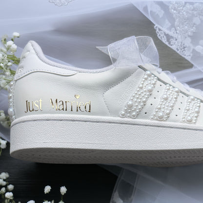 Custom White Adidas Superstar Luxury Pearl Personalised Bridal Trainers