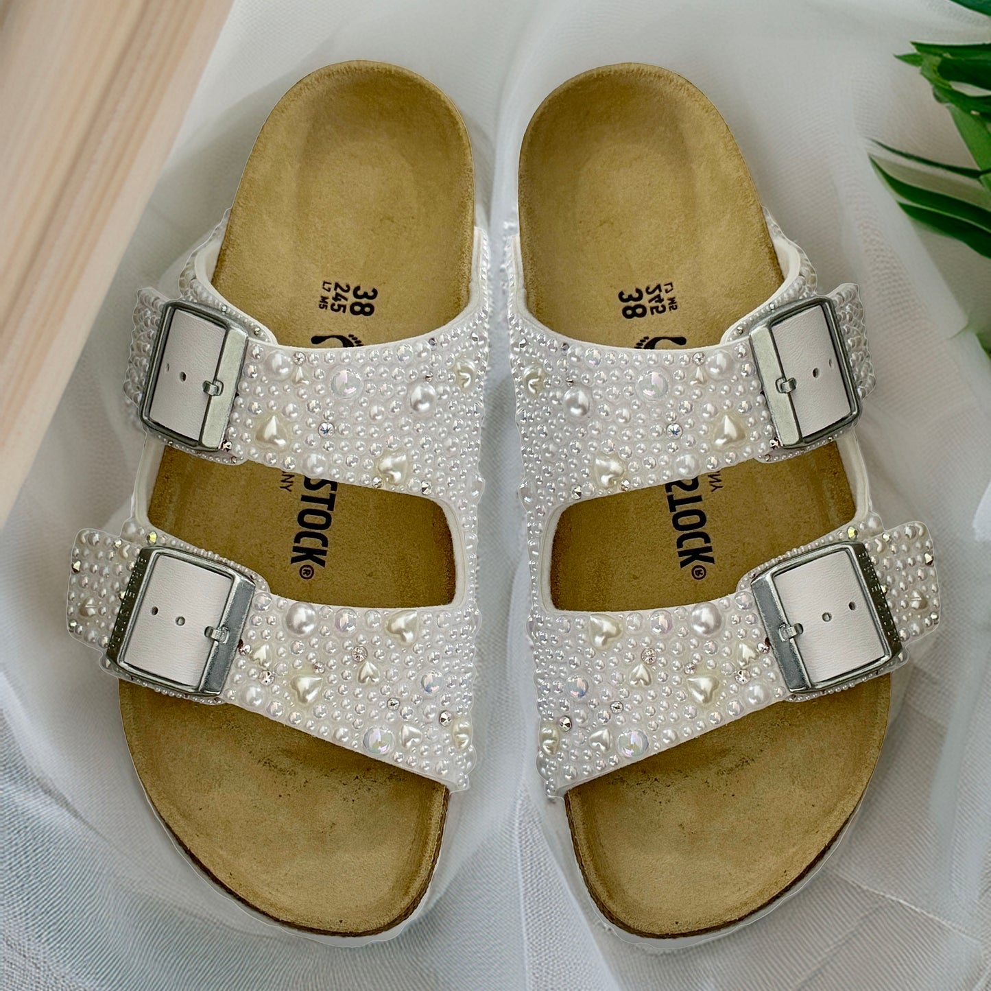 Custom Birkenstock Arizona White Pearl Bridal Wedding Sandals