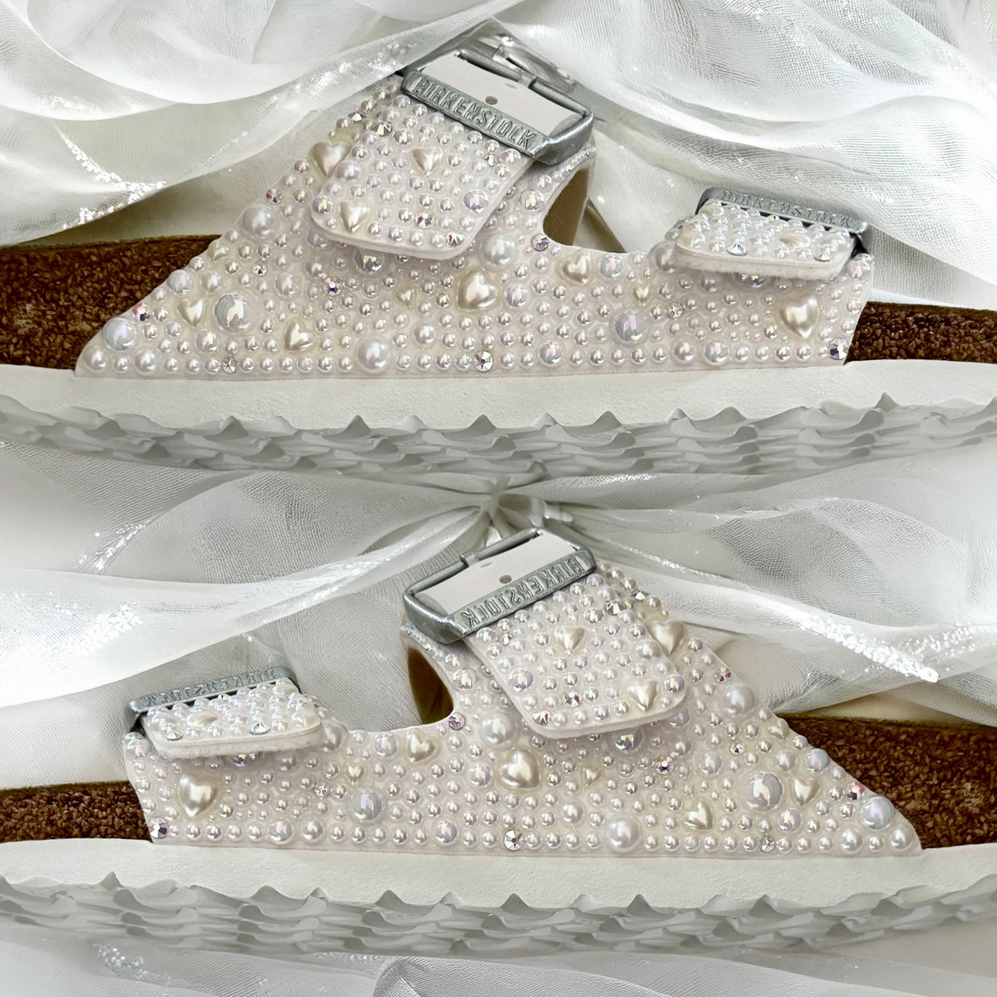 Custom Birkenstock Arizona White Pearl Bridal Wedding Sandals