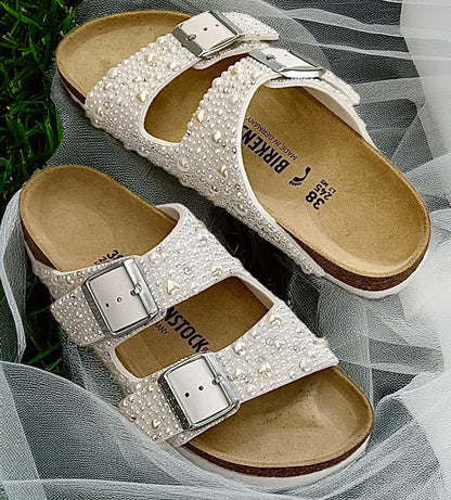 Custom Birkenstock Arizona White Pearl Bridal Wedding Sandals