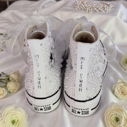 Custom White Pearl Converse Lift Platforms | Luxury Bridal Hi Top Trainers