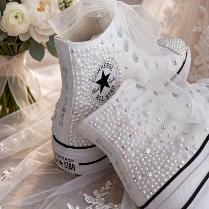 Custom White Pearl Converse Lift Platforms | Luxury Bridal Hi Top Trainers