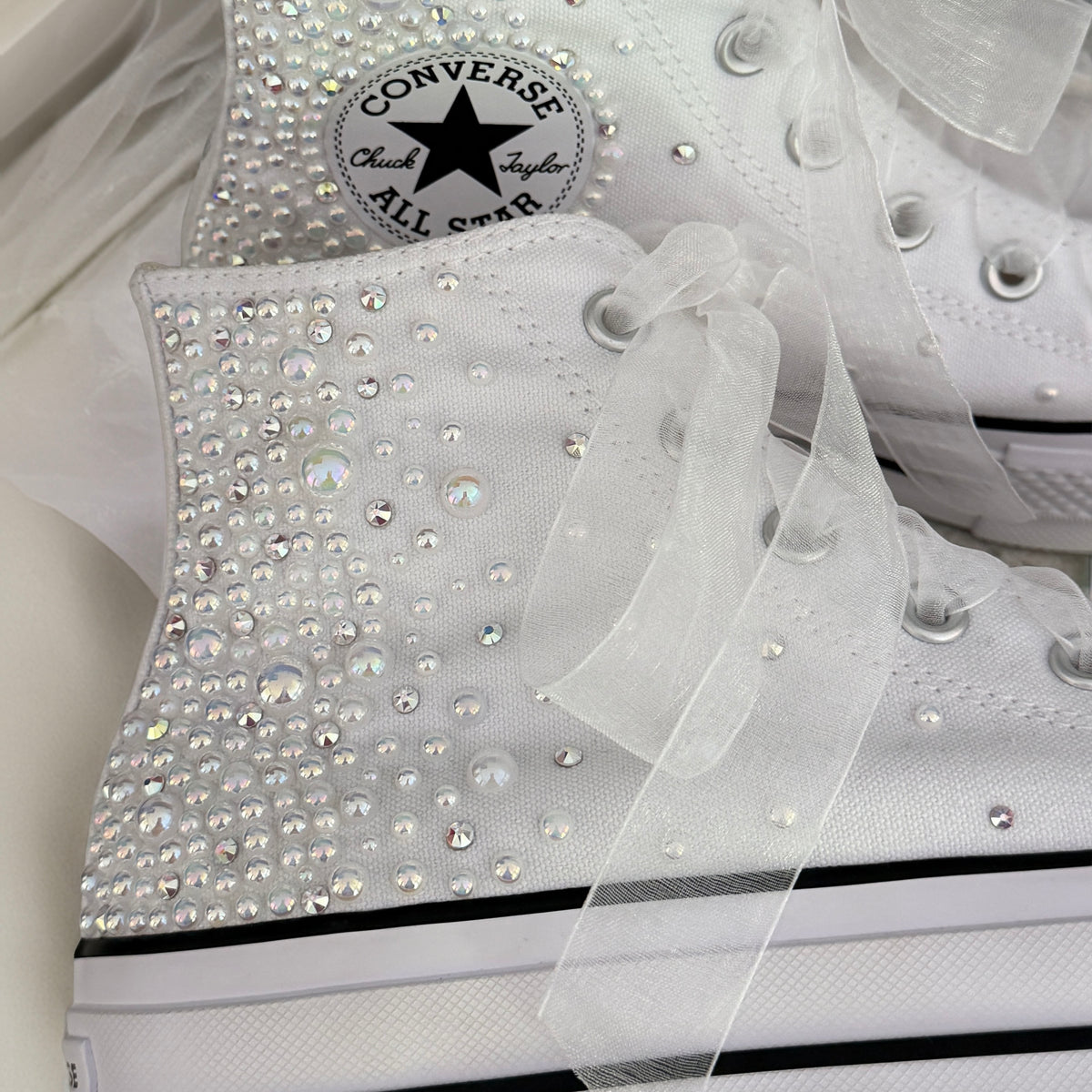 Custom White Pearl Converse Lift Platforms | Luxury Bridal Hi Top Trainers