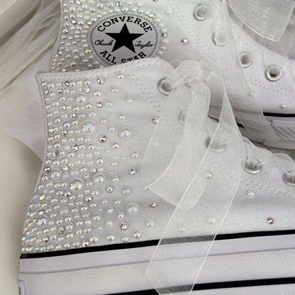 Custom White Pearl Converse Lift Platforms | Luxury Bridal Hi Top Trainers
