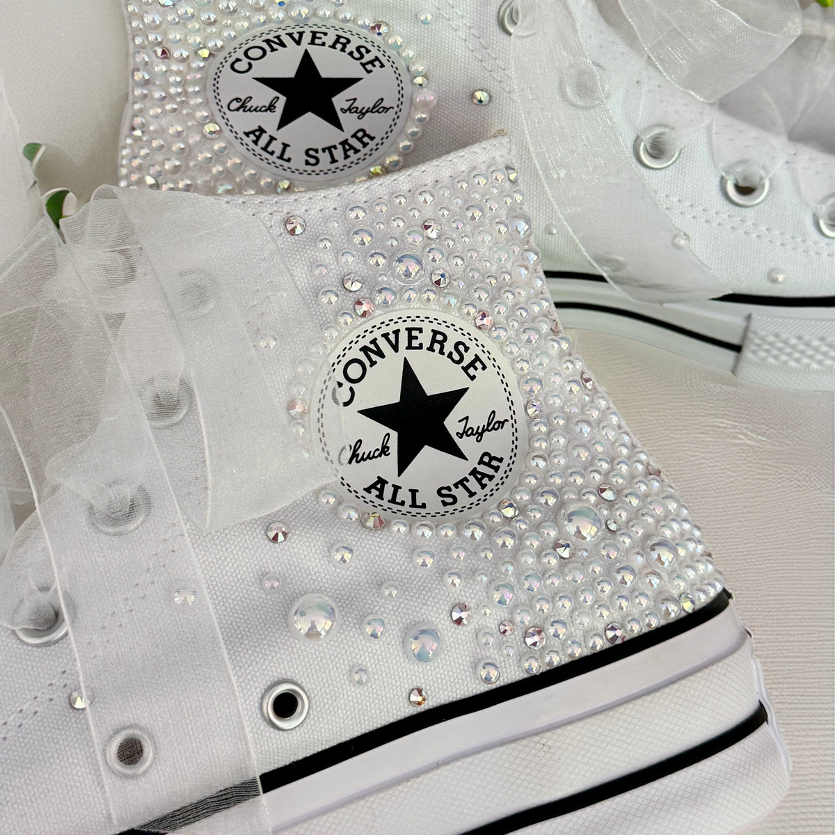 Custom White Pearl Converse Lift Platforms | Luxury Bridal Hi Top Trainers