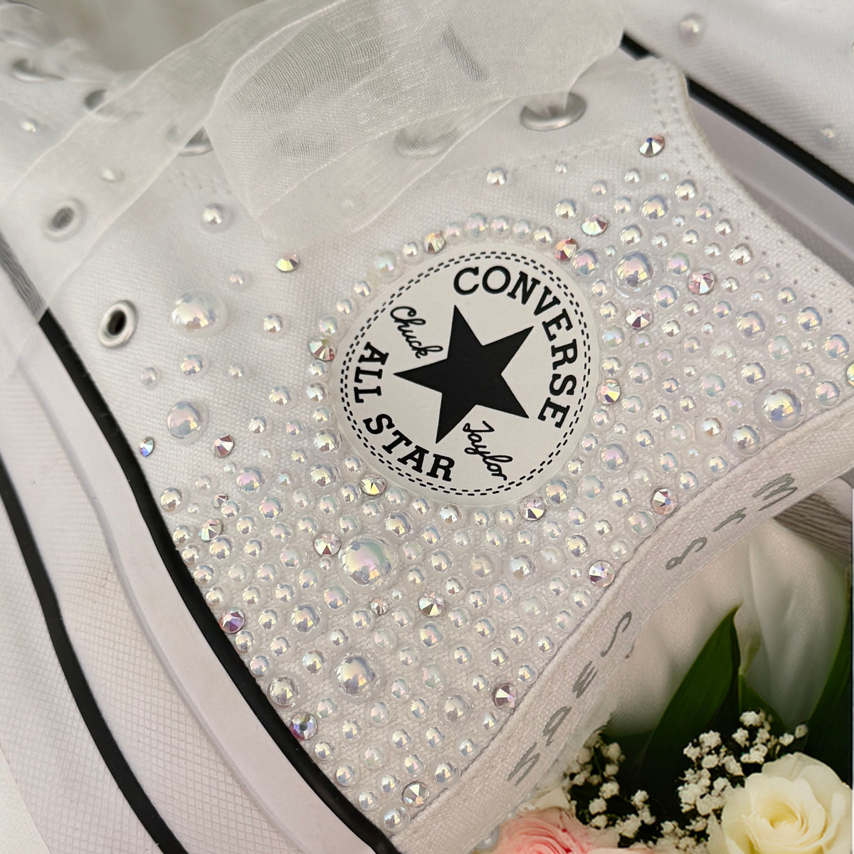 Custom White Pearl Converse Lift Platforms | Luxury Bridal Hi Top Trainers