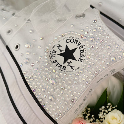 Custom White Pearl Converse Lift Platforms | Luxury Bridal Hi Top Trainers