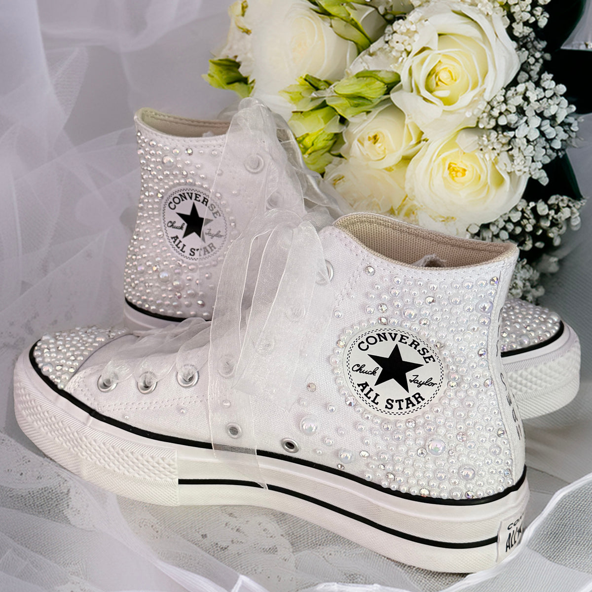 Custom White Pearl Converse Lift Platforms | Luxury Bridal Hi Top Trainers