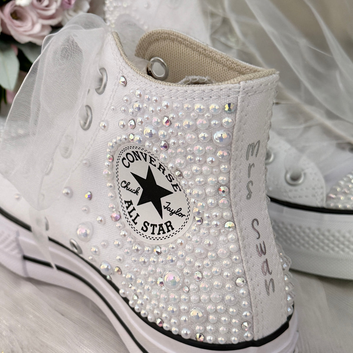 Custom White Pearl Converse Lift Platforms | Luxury Bridal Hi Top Trainers