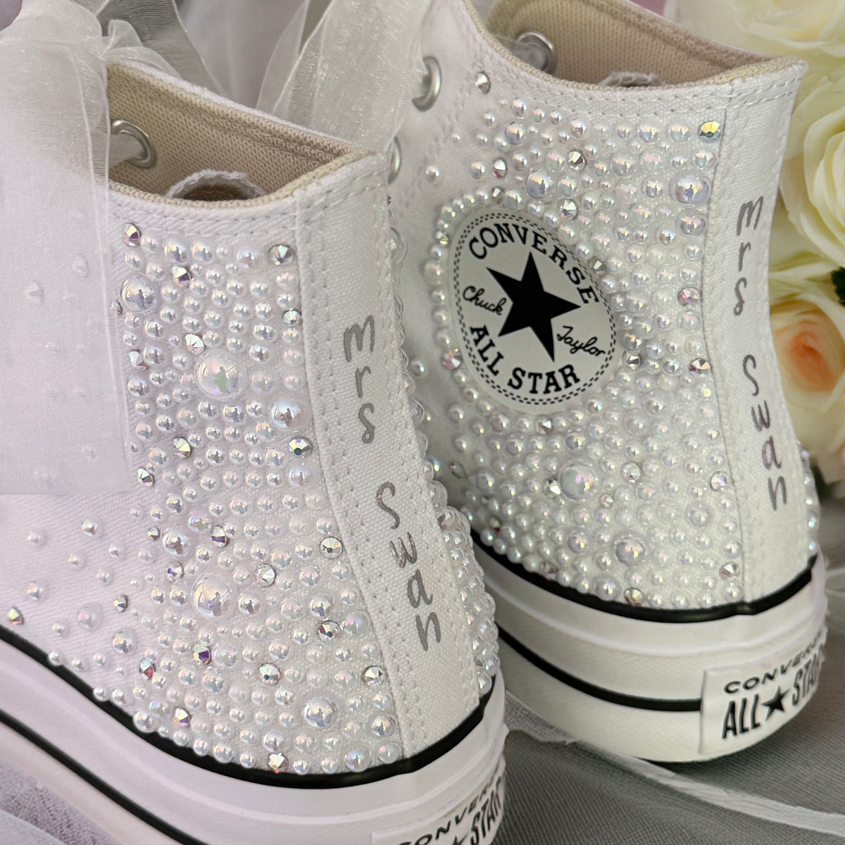 Custom White Pearl Converse Lift Platforms | Luxury Bridal Hi Top Trainers