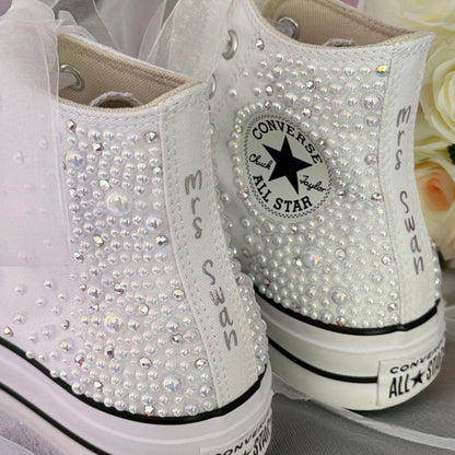 Custom White Pearl Converse Lift Platforms | Luxury Bridal Hi Top Trainers