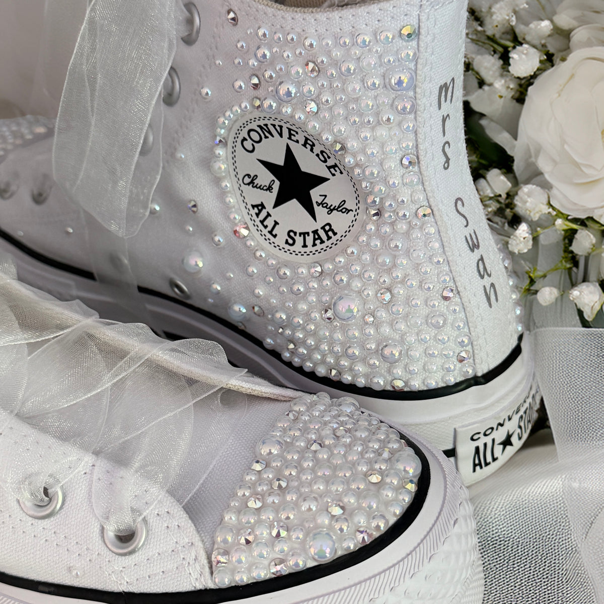 Custom White Pearl Converse Lift Platforms | Luxury Bridal Hi Top Trainers