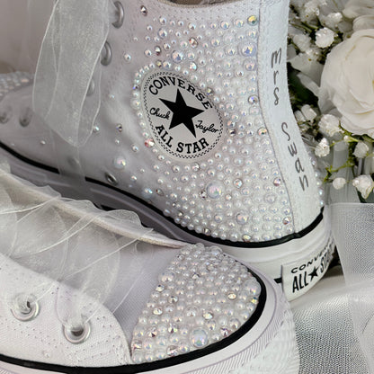 Custom White Pearl Converse Lift Platforms | Luxury Bridal Hi Top Trainers