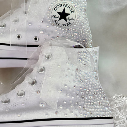 Custom White Pearl Converse Lift Platforms | Luxury Bridal Hi Top Trainers