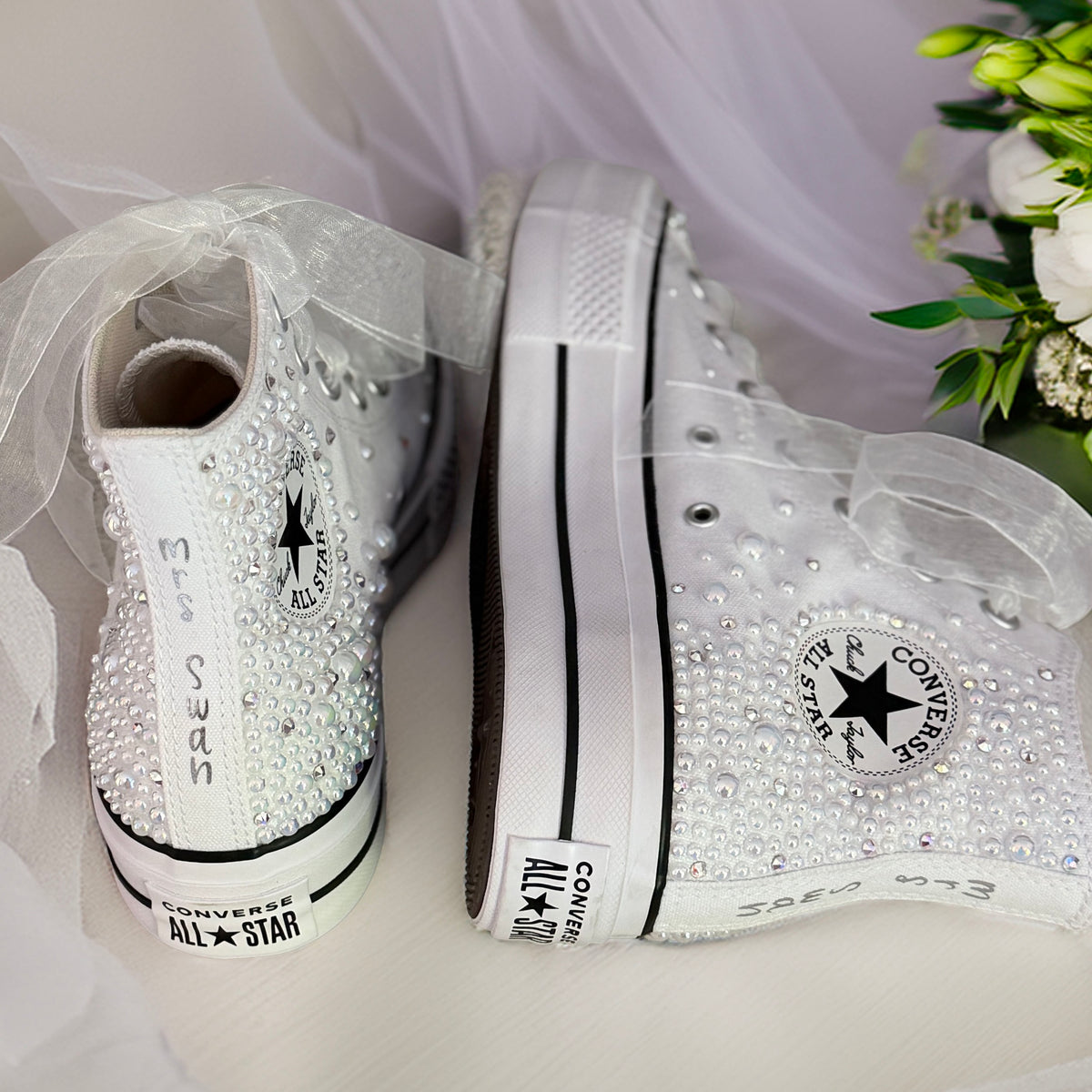 Custom White Pearl Converse Lift Platforms | Luxury Bridal Hi Top Trainers