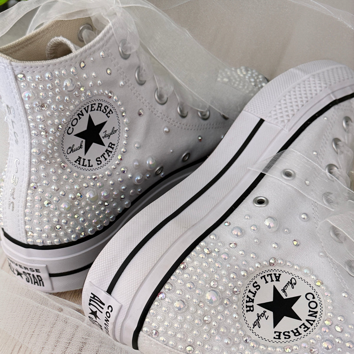 Custom White Pearl Converse Lift Platforms | Luxury Bridal Hi Top Trainers