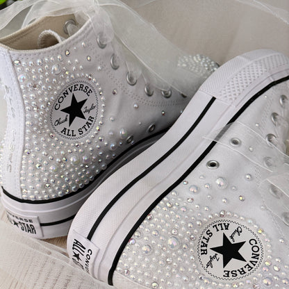 Custom White Pearl Converse Lift Platforms | Luxury Bridal Hi Top Trainers