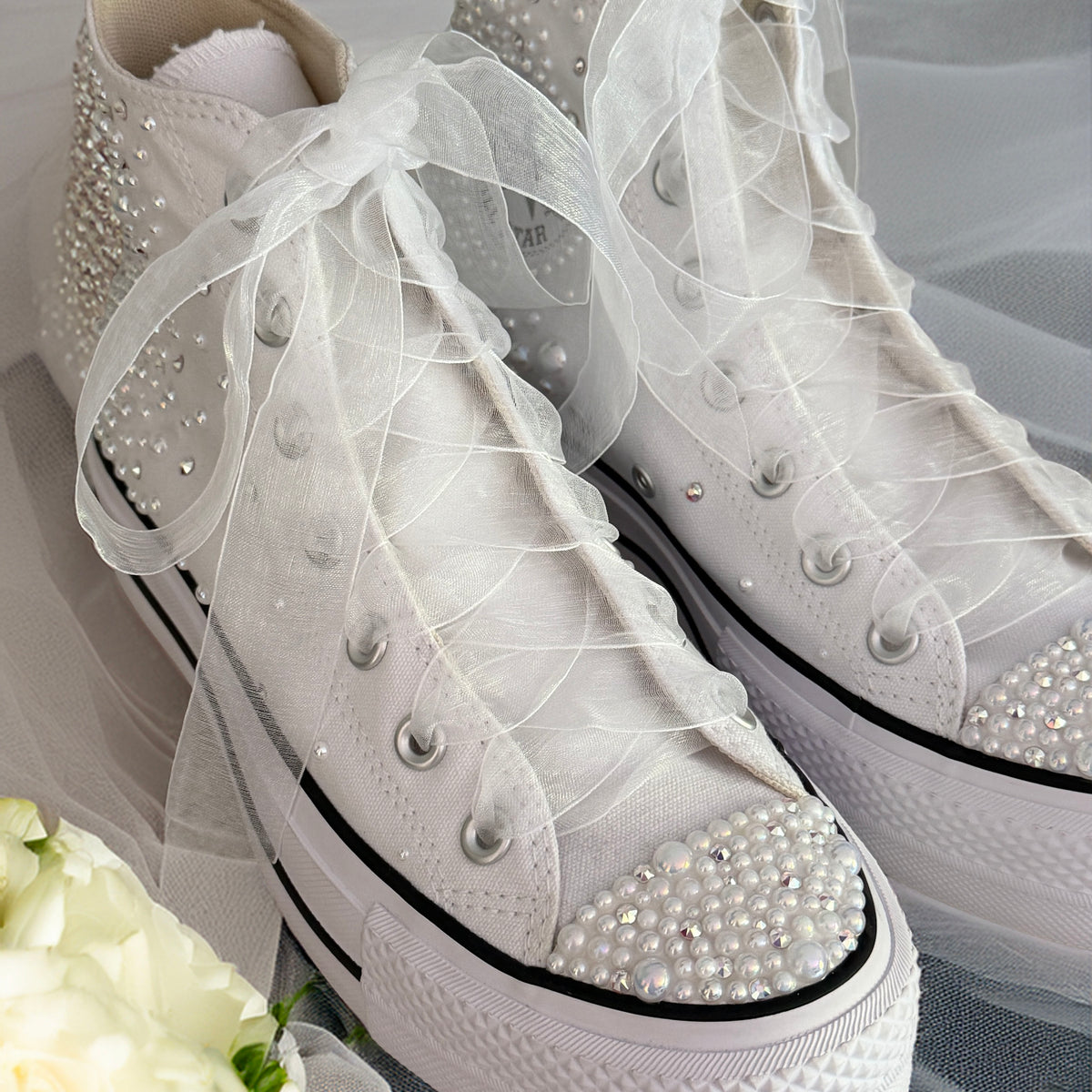 Custom White Pearl Converse Lift Platforms | Luxury Bridal Hi Top Trainers