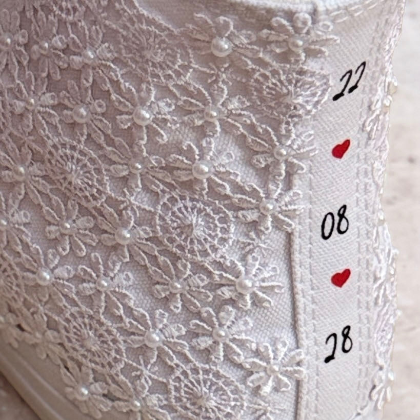 Custom Converse White Luxury Lace & Pearl Hi-Top Bridal Trainers