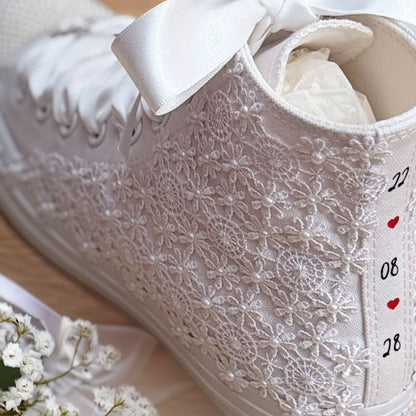 Custom Converse White Luxury Lace & Pearl Hi-Top Bridal Trainers