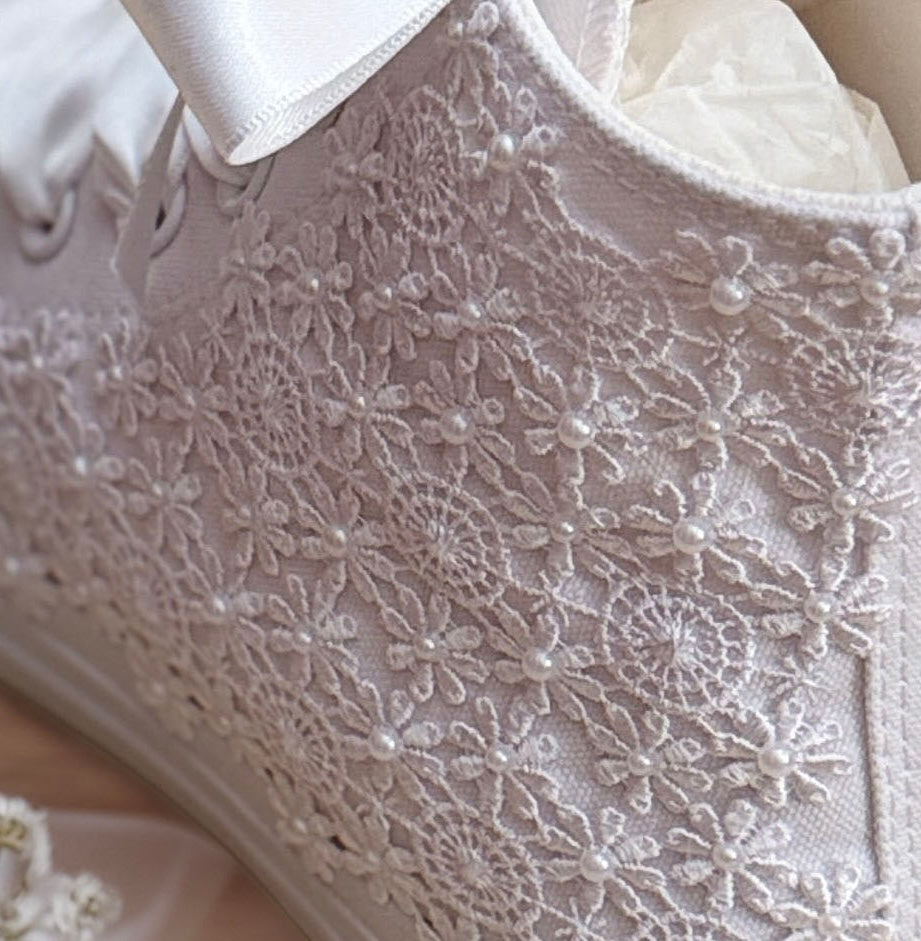 Custom Converse White Luxury Lace & Pearl Hi-Top Bridal Trainers