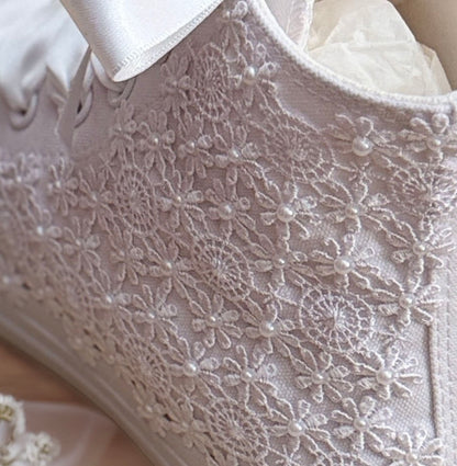Custom Converse White Luxury Lace & Pearl Hi-Top Bridal Trainers