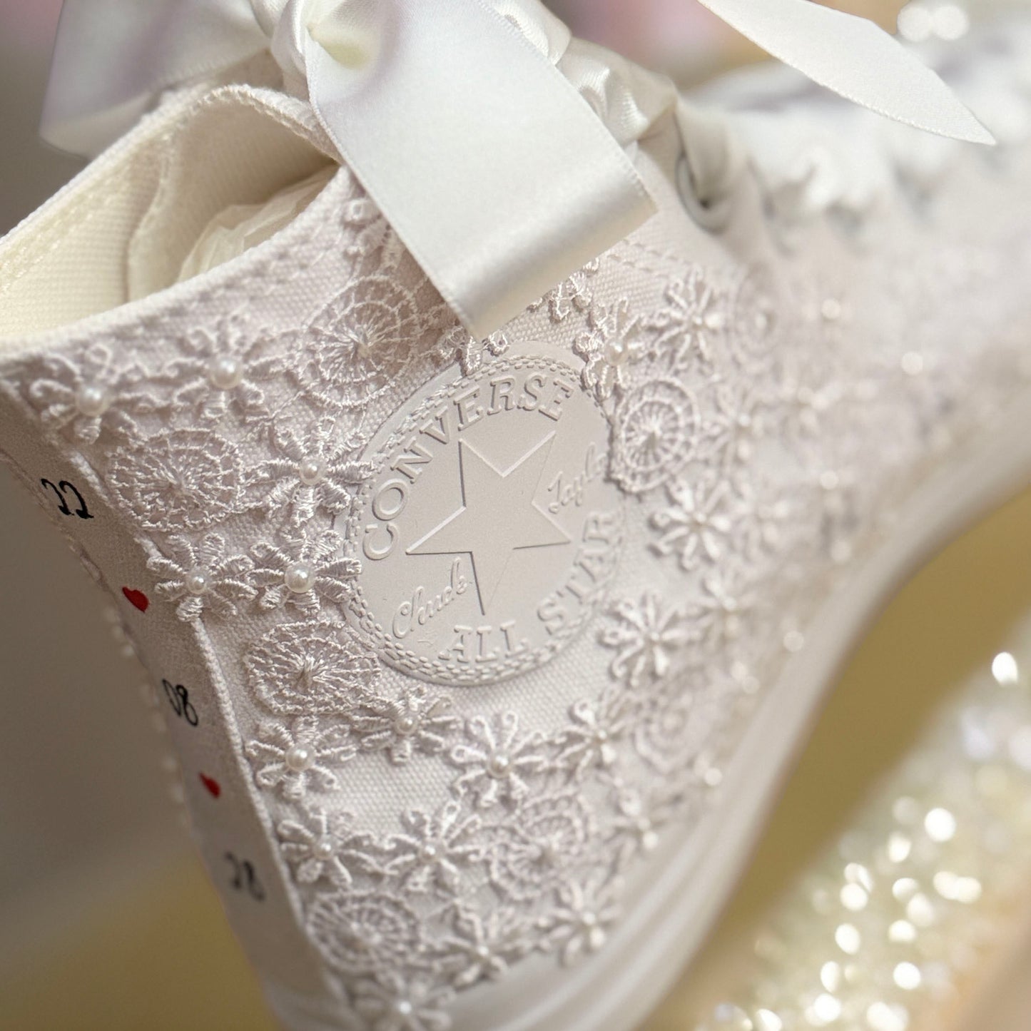 Custom Converse White Luxury Lace & Pearl Hi-Top Bridal Trainers