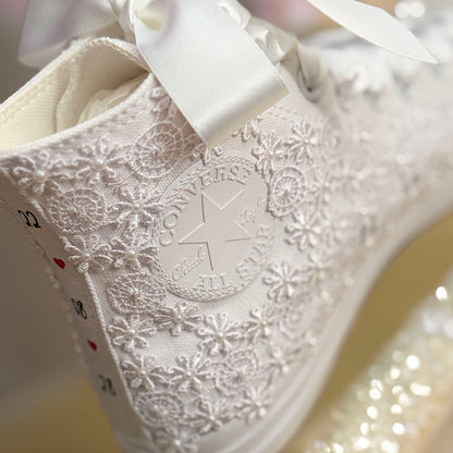 Custom Converse White Luxury Lace & Pearl Hi-Top Bridal Trainers