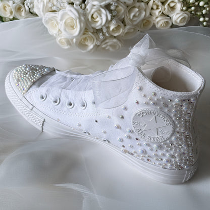 Custom Converse White Luxury Pearl Sparkle Hi-Top Bridal Trainers