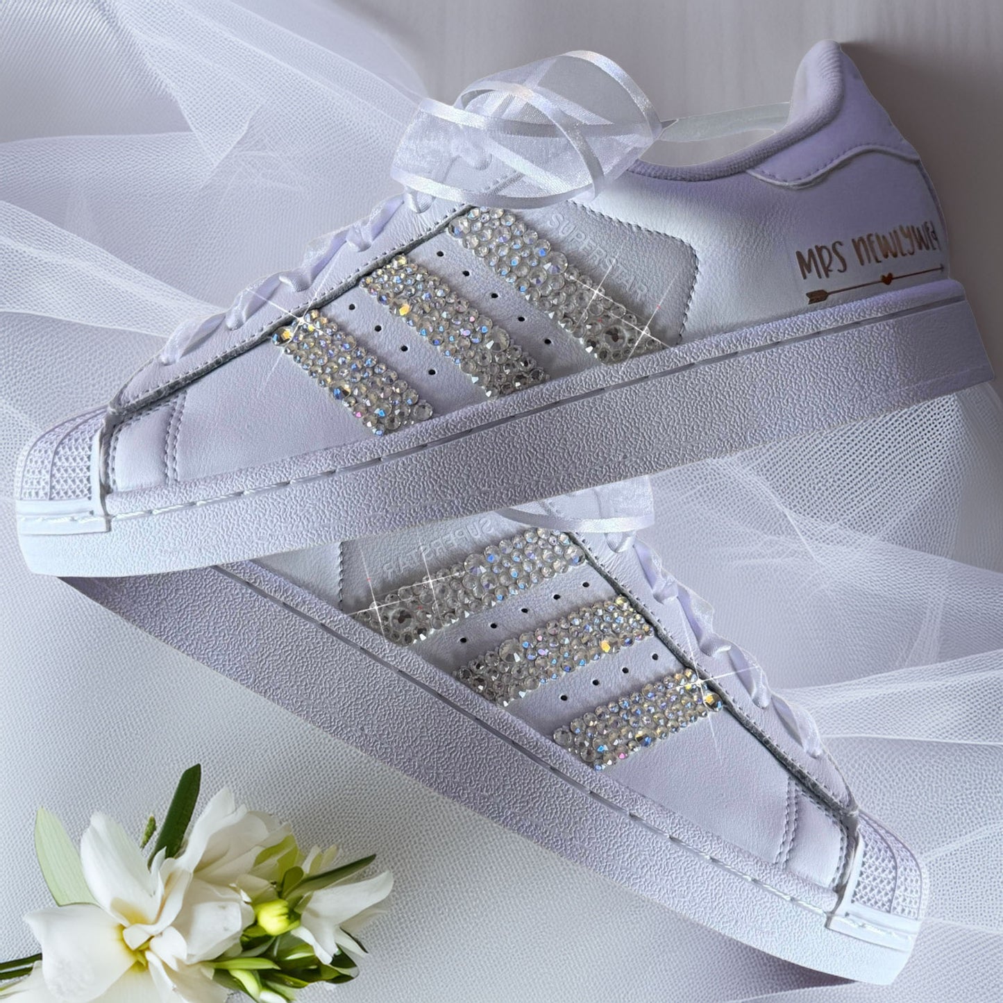 Custom White Adidas Superstar Luxury Crystal Sparkle Personalised Bridal Trainers