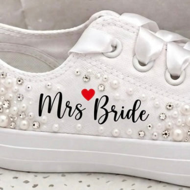 Custom Mono White Converse | Pearl & Crystal Personalised Bridal Trainers