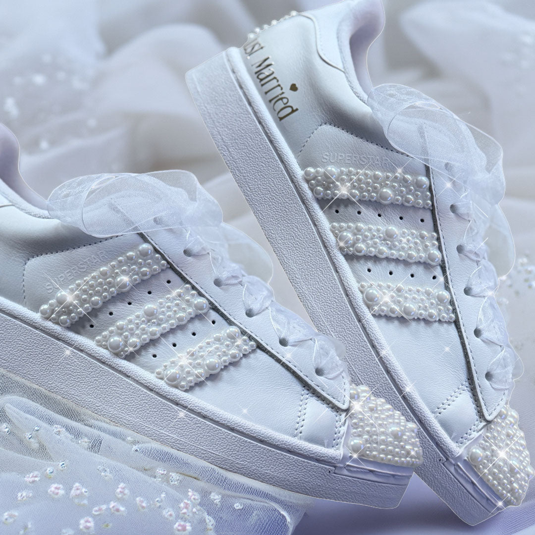 Custom White Adidas Superstar Luxury Pearl Personalised Bridal Trainers
