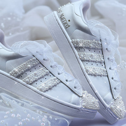 Custom White Adidas Superstar Luxury Pearl Personalised Bridal Trainers