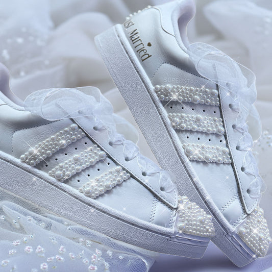 Custom White Adidas Superstar Luxury Pearl Personalised Bridal Trainers