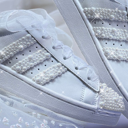 Custom White Adidas Superstar Luxury Pearl Personalised Bridal Trainers