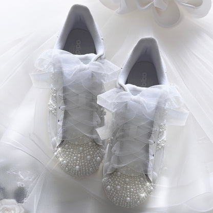 Custom White Adidas Superstar Luxury Pearl Personalised Bridal Trainers