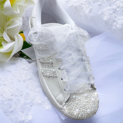Custom White Adidas Superstar Luxury Pearl Personalised Bridal Trainers